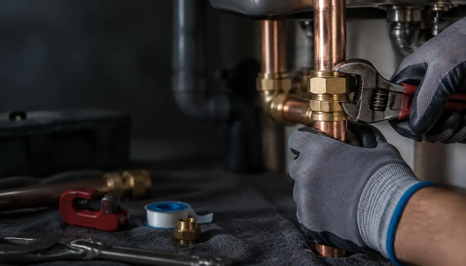Illustrative close-up of gloved hands tightening a brass fitting on copper pipe
