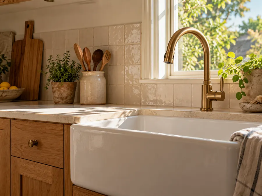 Illustrative sunlit kitchen sink with a brass faucet