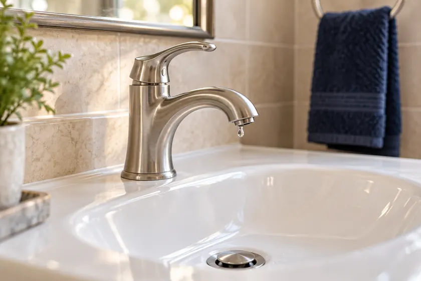 Illustrative brushed nickel faucet over a basin with a water droplet