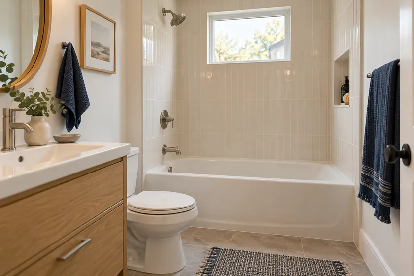 Illustrative finished bathroom with a bathtub and oak vanity