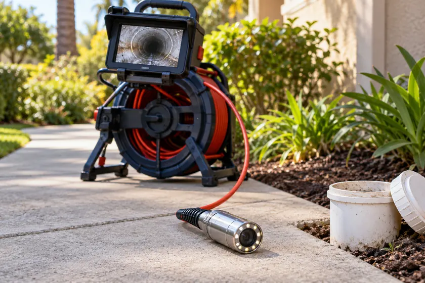 Illustrative sewer camera inspection reel and camera head