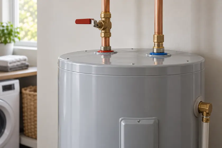 Illustrative water heater tank with copper pipe connections