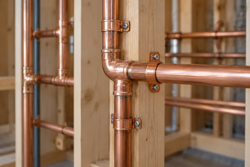 Illustrative copper water-supply pipes run along wood framing